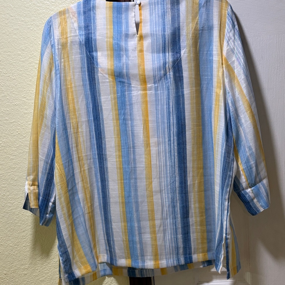 Alfred Dunner Yellow, Blue and White Striped Tunic with Lace V-Neck - Picture 5 of 7